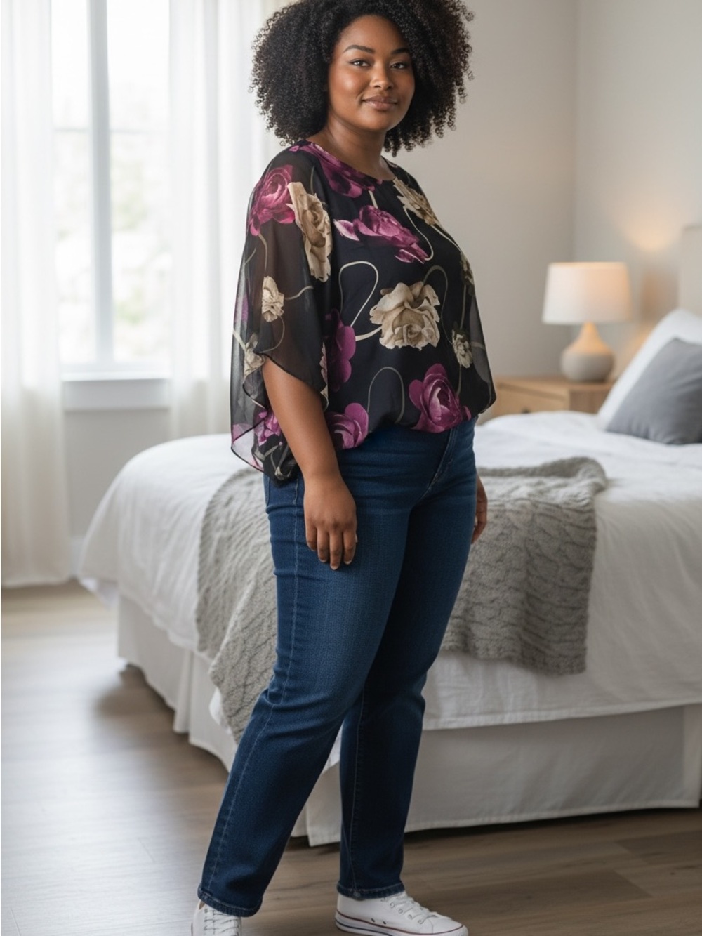 Alfani Black Floral Sheer Blouse with Pink & Cream Roses
